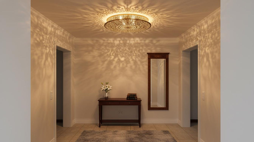 Handmade Moroccan Brass Flush Mount Ceiling Light - Engraved Geometric Fixture