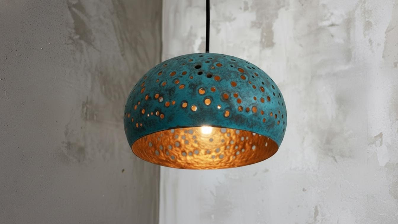 Blue Patina Copper Dome Pendant Light – Rustic Farmhouse Hanging Lamp, Kitchen Island Ceiling Light Fixture