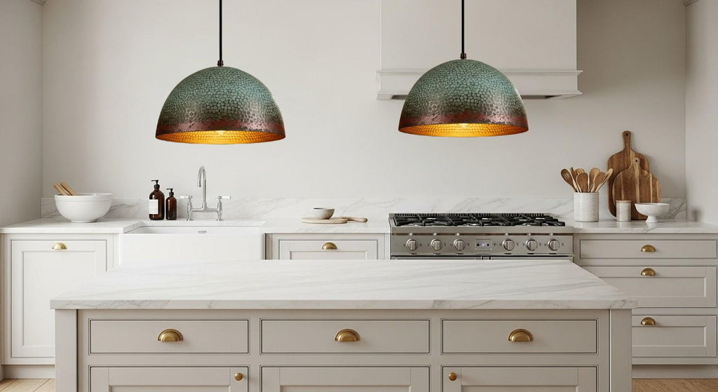 Oxidized Copper Pendant Light –Handmade Green Patina Dome Ceiling, Moroccan Style, Copper Dome Ceiling Light – Kitchen Island Lighting