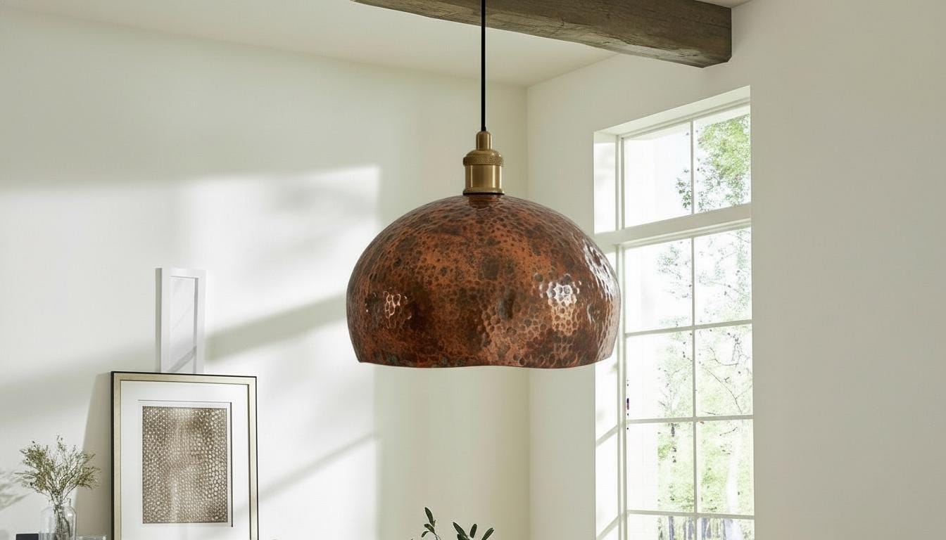 Oxidized Copper Dome Pendant Light – Handcrafted Moroccan Ceiling Fixture for Rustic Farmhouse Kitchen Island