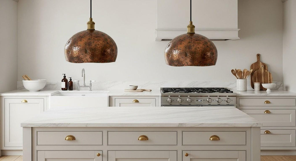 Oxidized Copper Dome Pendant Light – Handcrafted Moroccan Ceiling Fixture for Rustic Farmhouse Kitchen Island