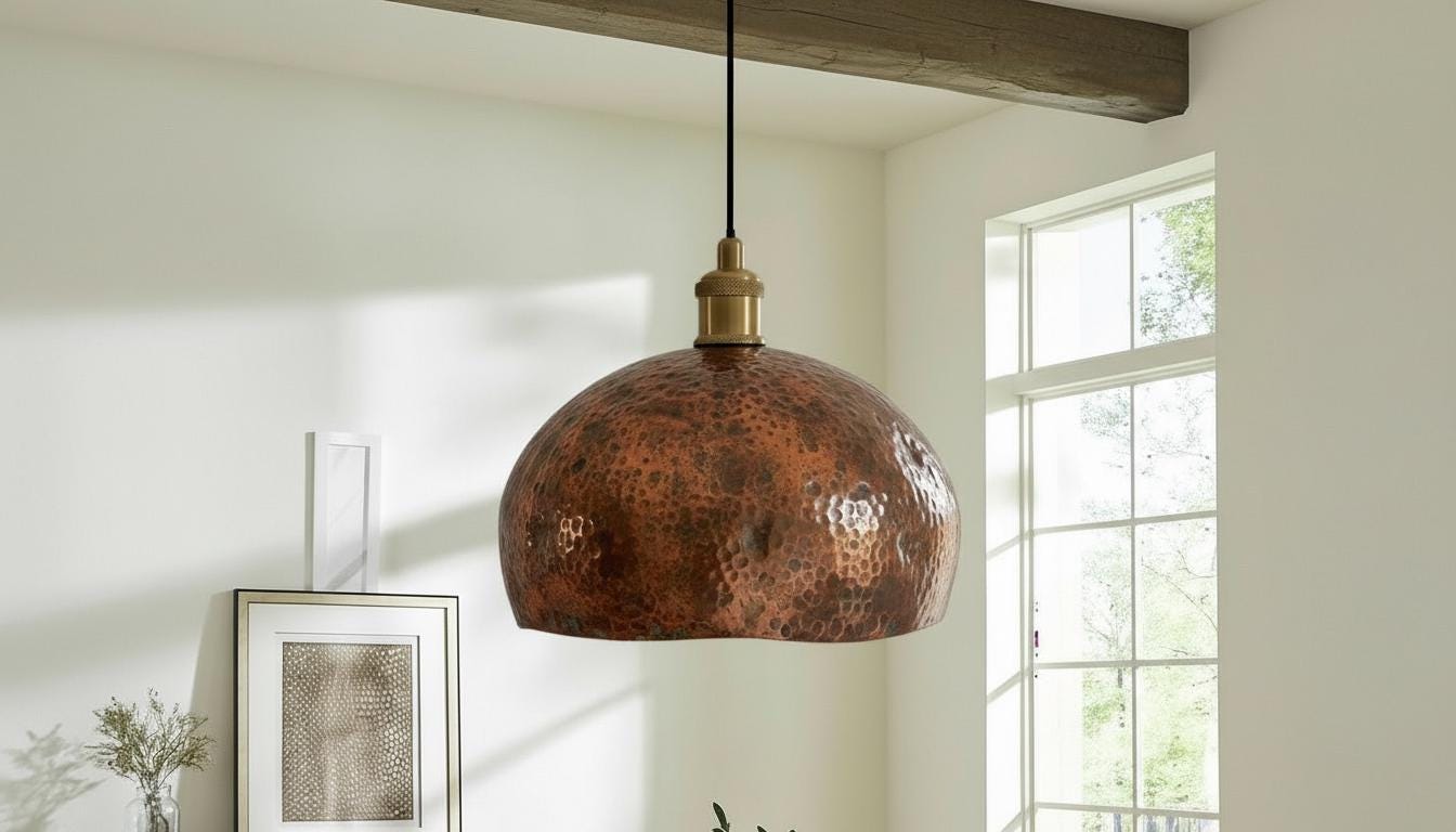 Oxidized Copper Dome Pendant Light – Handcrafted Moroccan Ceiling Fixture for Rustic Farmhouse Kitchen Island