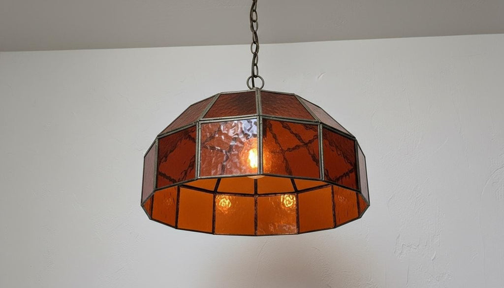 Amber Stained Glass Pendant Light – Vintage Geometric Hanging Lamp, Rustic Farmhouse Ceiling Light
