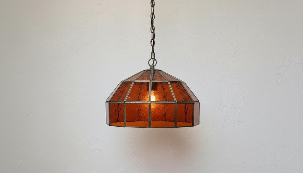Amber Stained Glass Pendant Light – Vintage Geometric Hanging Lamp, Rustic Farmhouse Ceiling Light