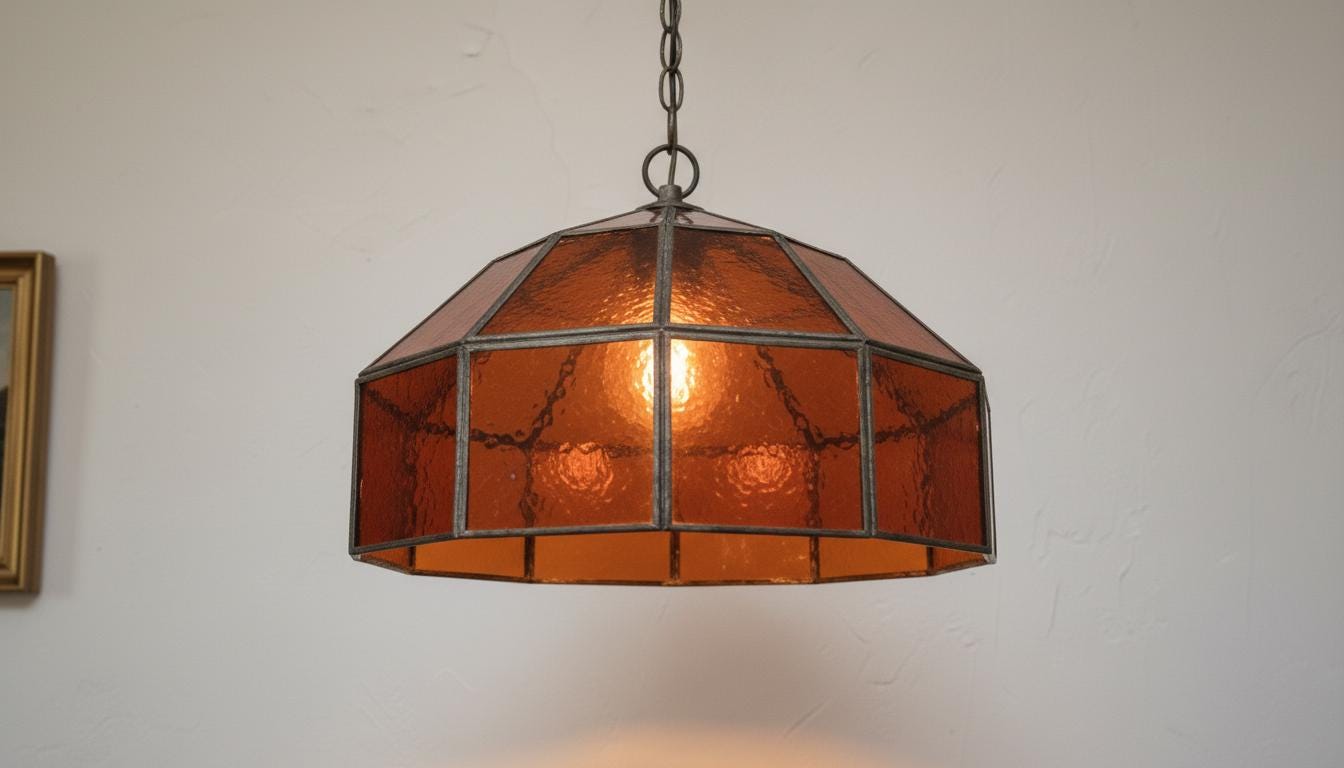 Amber Stained Glass Pendant Light – Vintage Geometric Hanging Lamp, Rustic Farmhouse Ceiling Light
