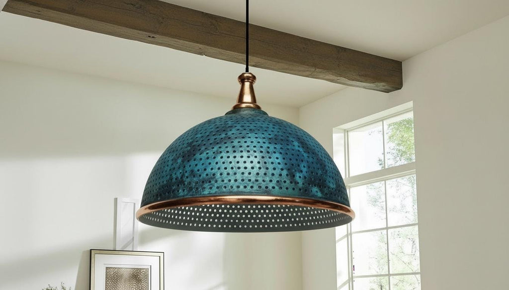 Set of 2 Blue Patina Copper Dome Pendant Light - Rustic Farmhouse Chandelier - -Modern Copper Ceiling - Rustic Copper