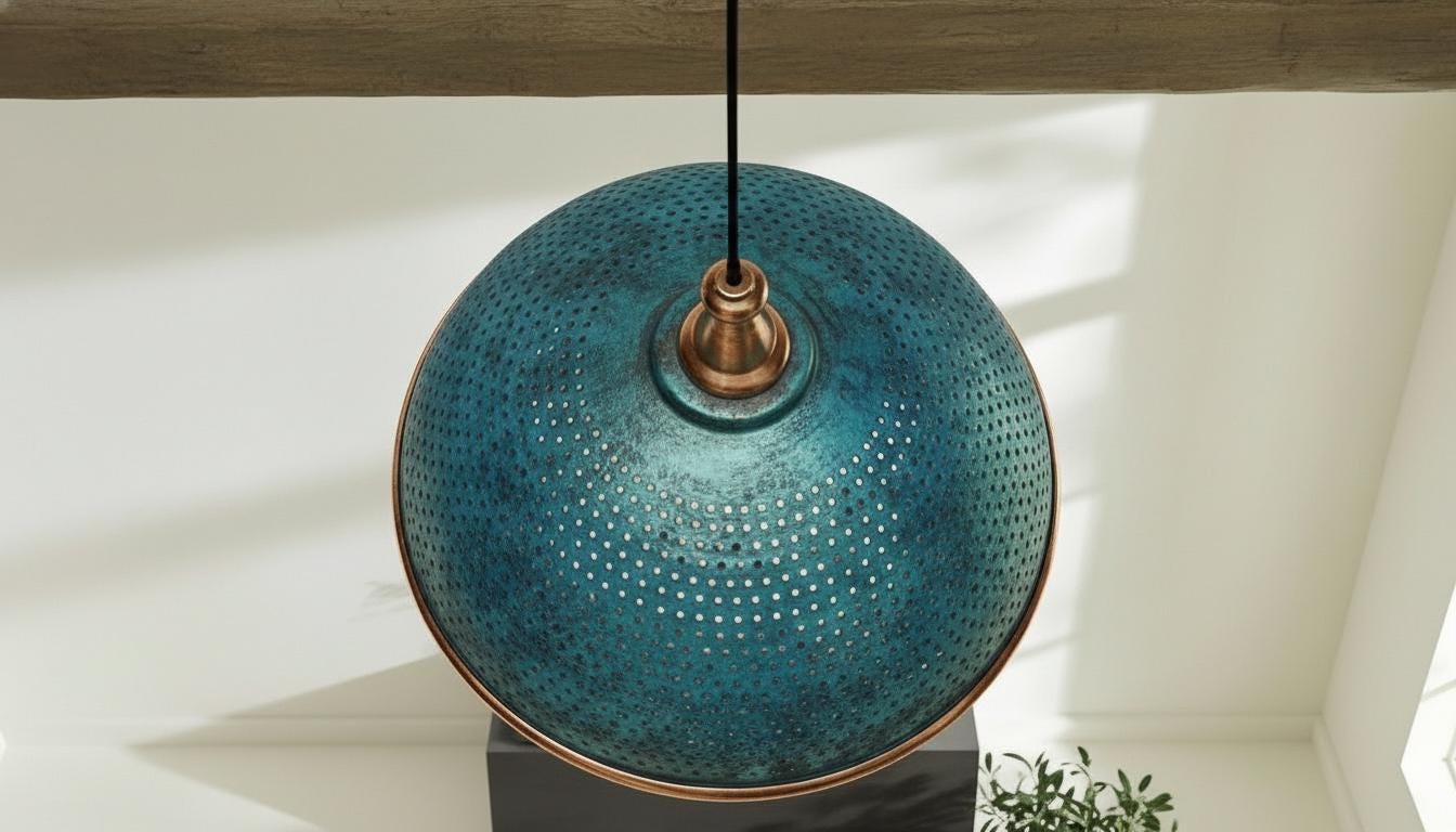 Set of 2 Blue Patina Copper Dome Pendant Light - Rustic Farmhouse Chandelier - -Modern Copper Ceiling - Rustic Copper