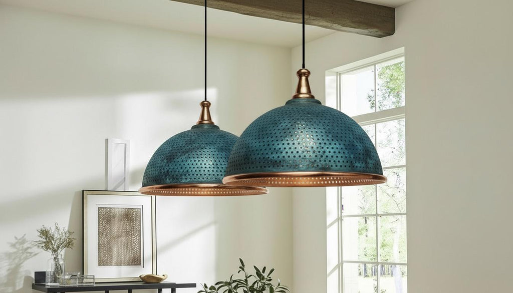 Set of 2 Blue Patina Copper Dome Pendant Light - Rustic Farmhouse Chandelier - -Modern Copper Ceiling - Rustic Copper