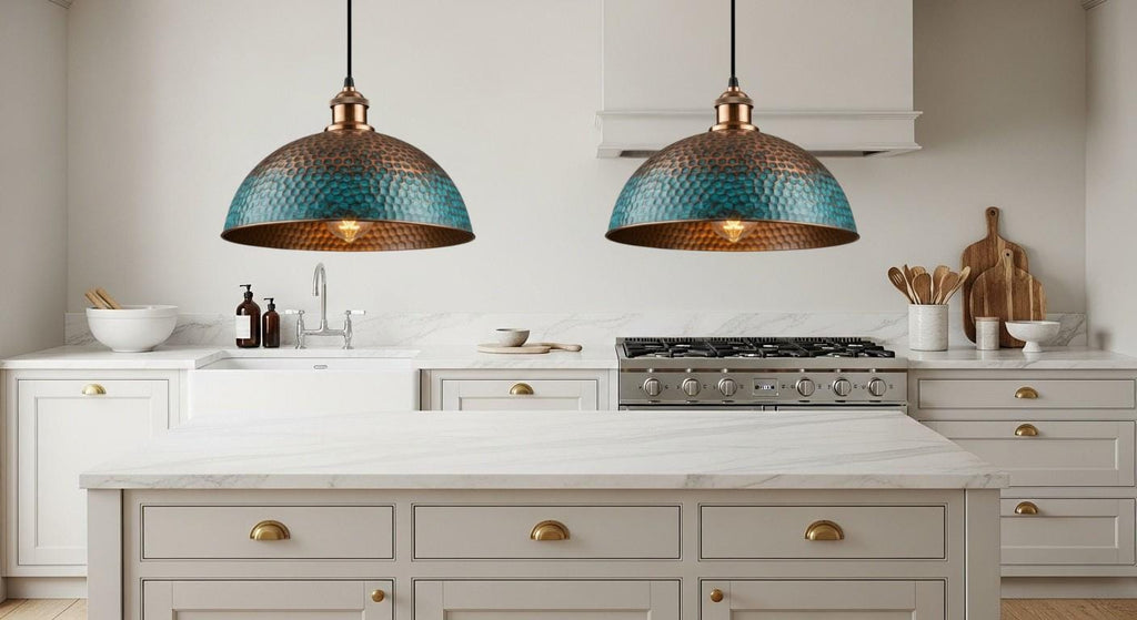Blue Patina Copper Dome Pendant Light , Rustic Farmhouse Lighting, Hanging Pendant Lighting, Kitchen Island Lighting, Ceiling Light Fixture