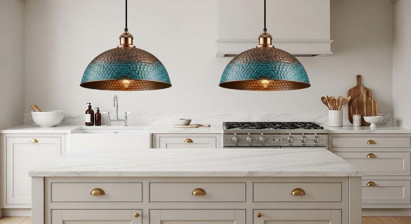 Blue Patina Copper Dome Pendant Light , Rustic Farmhouse Lighting, Hanging Pendant Lighting, Kitchen Island Lighting, Ceiling Light Fixture