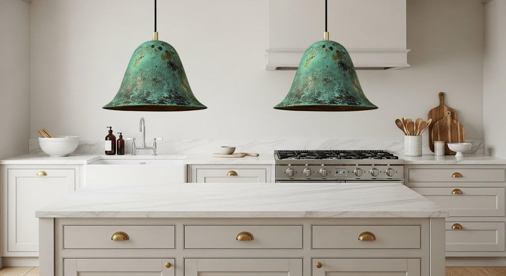 Handmade Green Patina Copper Pendant Light – Hammered Moroccan Lamp for Kitchen Island, Dining Room Lighting