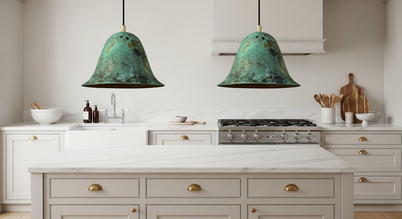 Handmade Green Patina Copper Pendant Light – Hammered Moroccan Lamp for Kitchen Island, Dining Room Lighting