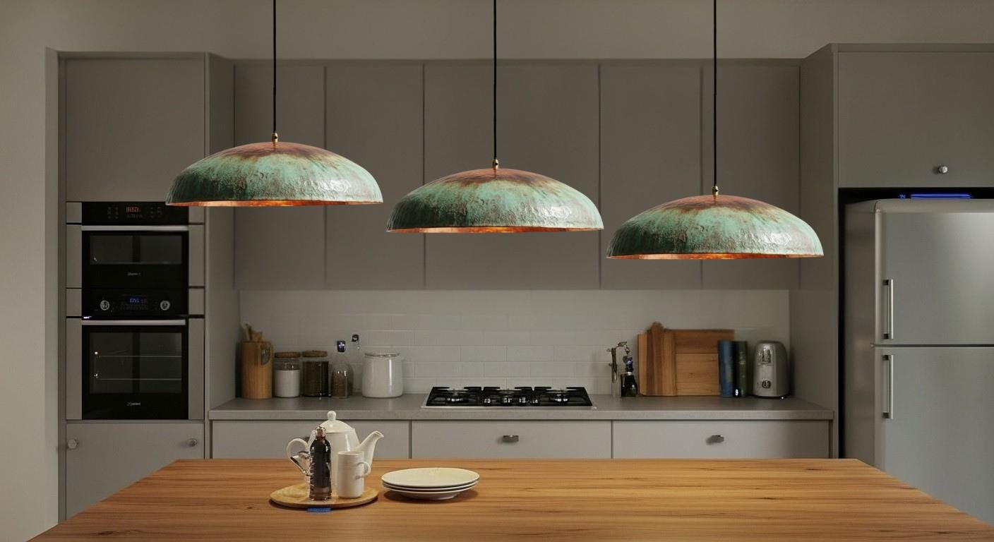 Hammered Copper Pendant Light – Handmade Green Patina Moroccan Lamp, Rustic Farmhouse Kitchen Island Lighting