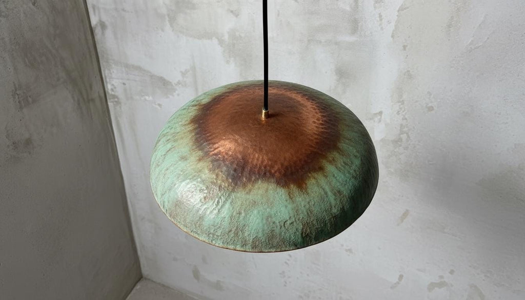 Hammered Copper Pendant Light – Handmade Green Patina Moroccan Lamp, Rustic Farmhouse Kitchen Island Lighting