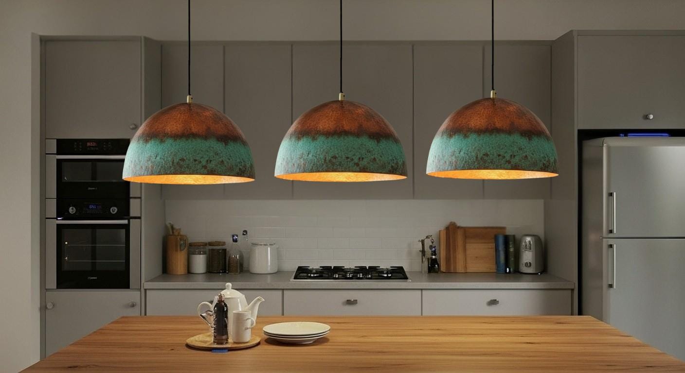 Dome Pendant Lamp ,Farmhouse lighting ,Patina Light fixture ,Hanging Brass Light,Brass Rustic Chandelier,Green Patina Brass Pendant Light