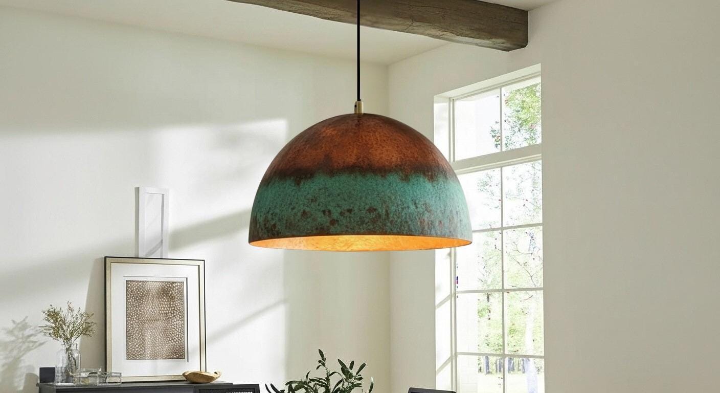 Dome Pendant Lamp ,Farmhouse lighting ,Patina Light fixture ,Hanging Brass Light,Brass Rustic Chandelier,Green Patina Brass Pendant Light