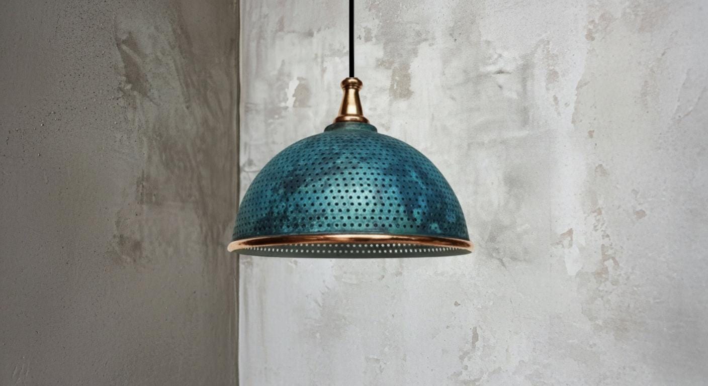 Oxidized Copper Light,Modern Copper Ceiling Dome Pendant Lamp ,Blue Patina Light fixture ,Rustic Chandelier, Kitchen Island ,Farmhouse light