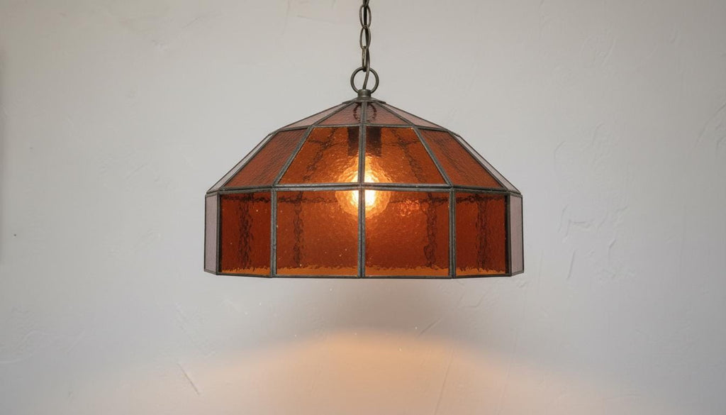 Amber Stained Glass Pendant Light – Vintage Geometric Hanging Lamp, Rustic Farmhouse Ceiling Light