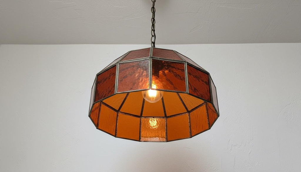 Amber Stained Glass Pendant Light – Vintage Geometric Hanging Lamp, Rustic Farmhouse Ceiling Light
