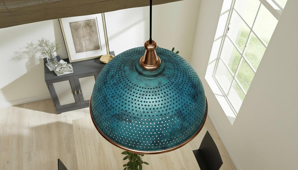 Set of 2 Blue Patina Copper Dome Pendant Light - Rustic Farmhouse Chandelier - -Modern Copper Ceiling - Rustic Copper