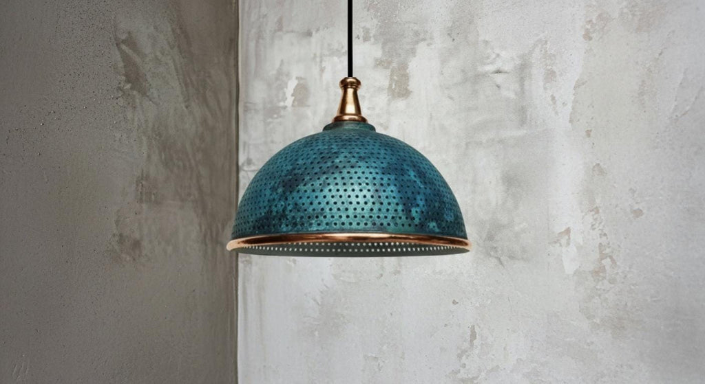 Set of 2 Blue Patina Copper Dome Pendant Light - Rustic Farmhouse Chandelier - -Modern Copper Ceiling - Rustic Copper