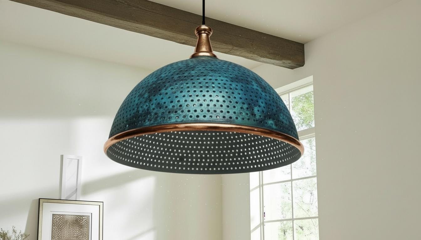 Set of 2 Blue Patina Copper Dome Pendant Light - Rustic Farmhouse Chandelier - -Modern Copper Ceiling - Rustic Copper