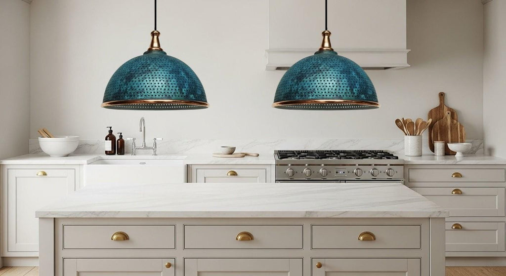 Set of 2 Blue Patina Copper Dome Pendant Light - Rustic Farmhouse Chandelier - -Modern Copper Ceiling - Rustic Copper