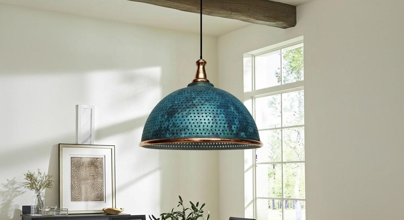 Set of 2 Blue Patina Copper Dome Pendant Light - Rustic Farmhouse Chandelier - -Modern Copper Ceiling - Rustic Copper