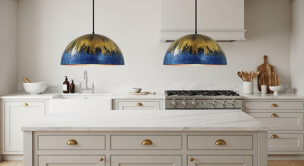 Oxidized Blue Patina Copper Dome Pendant Light, Moroccan Farmhouse Lighting , Kitchen Island -Modern Copper Ceiling