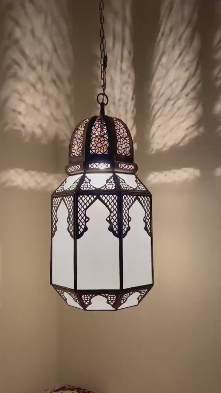 Handmade Moroccan Milk Glass Pendant Light: Filigree Bronze Chandelier